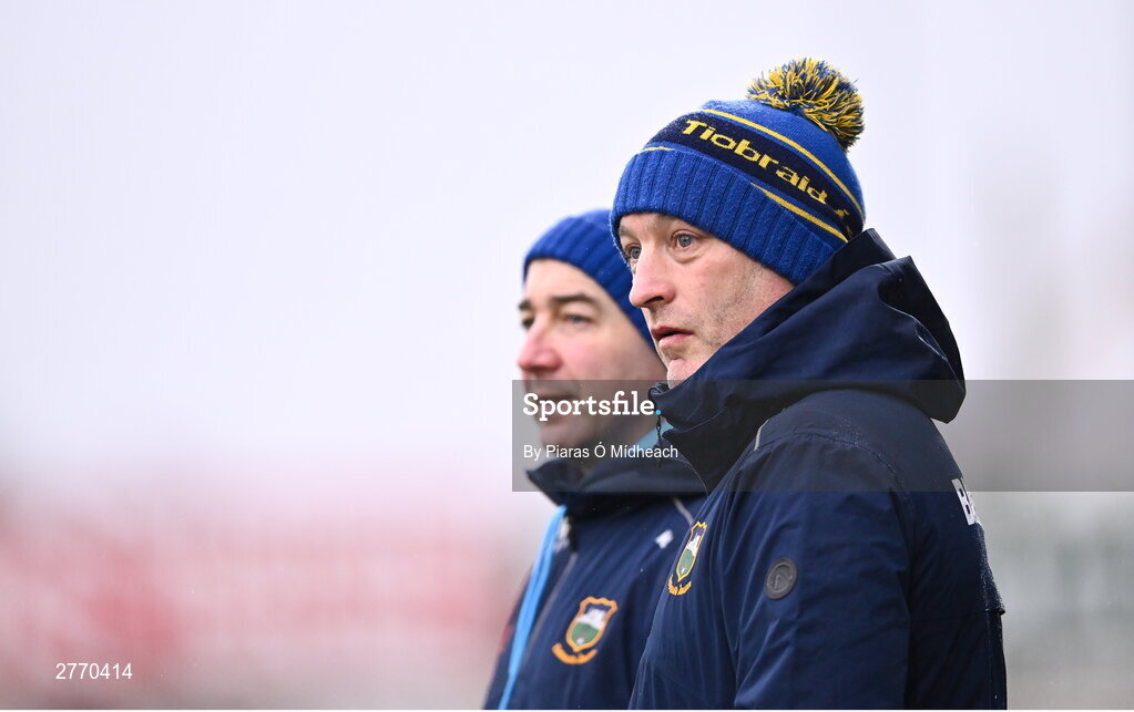 24 March 2024; Tipperary manager Liam Cahill with Tipperary selector Mikey Bevans, left, during the Allianz Hurling League Division 1 semi-final match between Clare and Tipperary at Laois Hire O'Moore Park in Portlaoise, Laois. Photo by Piaras Ó Mídheach/Sportsfile