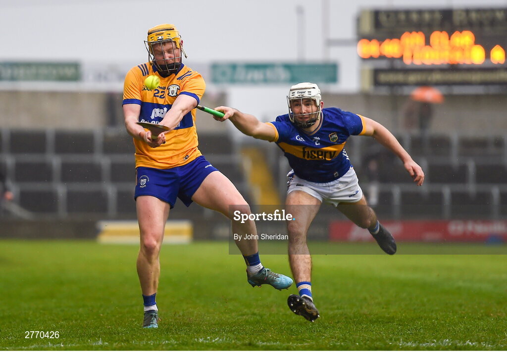 24 March 2024; Shane Meehan of Clare in action against Craig Morgan of Tipperary  during the Allianz Hurling League Division 1 semi-final match between Clare and Tipperary at Laois Hire O'Moore Park in Portlaoise, Laois. Photo by John Sheridan/Sportsfile
