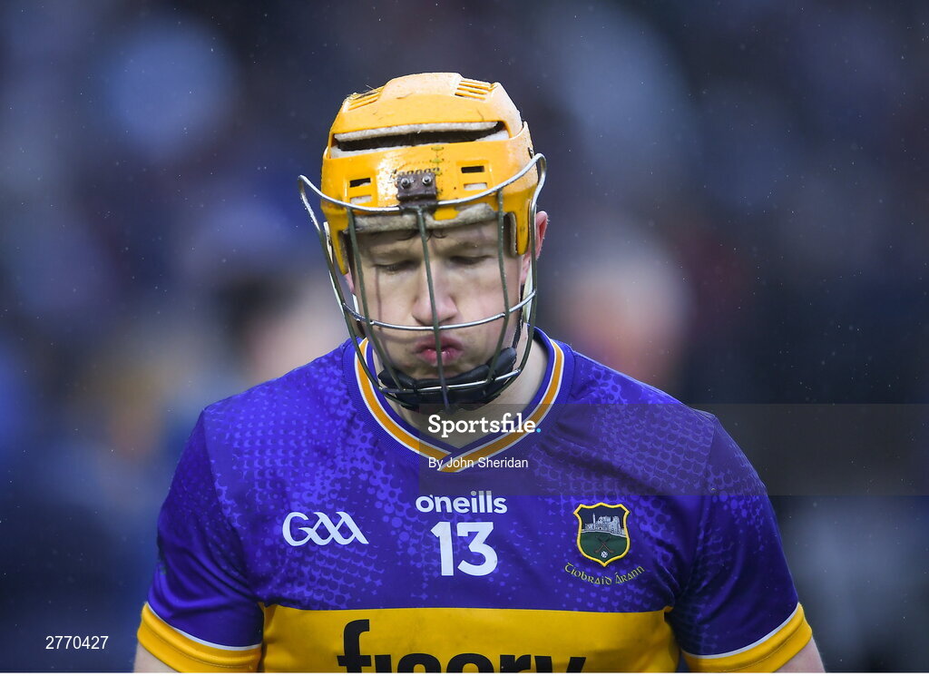 24 March 2024; A dejected Jake Morris of Tipperary after the Allianz Hurling League Division 1 semi-final match between Clare and Tipperary at Laois Hire O'Moore Park in Portlaoise, Laois. Photo by John Sheridan/Sportsfile