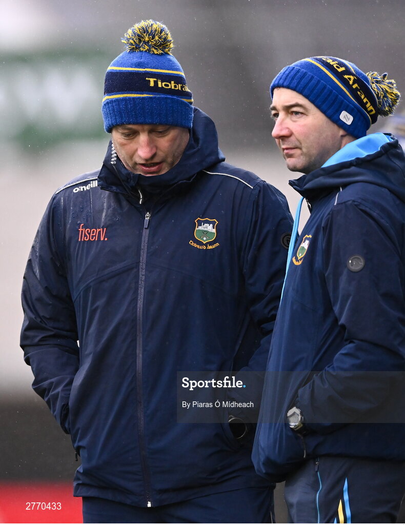 24 March 2024; Tipperary manager Liam Cahill with Tipperary selector Mikey Bevans, right, during the Allianz Hurling League Division 1 semi-final match between Clare and Tipperary at Laois Hire O'Moore Park in Portlaoise, Laois. Photo by Piaras Ó Mídheach/Sportsfile