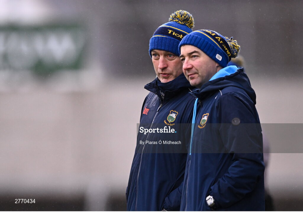 24 March 2024; Tipperary manager Liam Cahill with Tipperary selector Mikey Bevans, right, during the Allianz Hurling League Division 1 semi-final match between Clare and Tipperary at Laois Hire O'Moore Park in Portlaoise, Laois. Photo by Piaras Ó Mídheach/Sportsfile