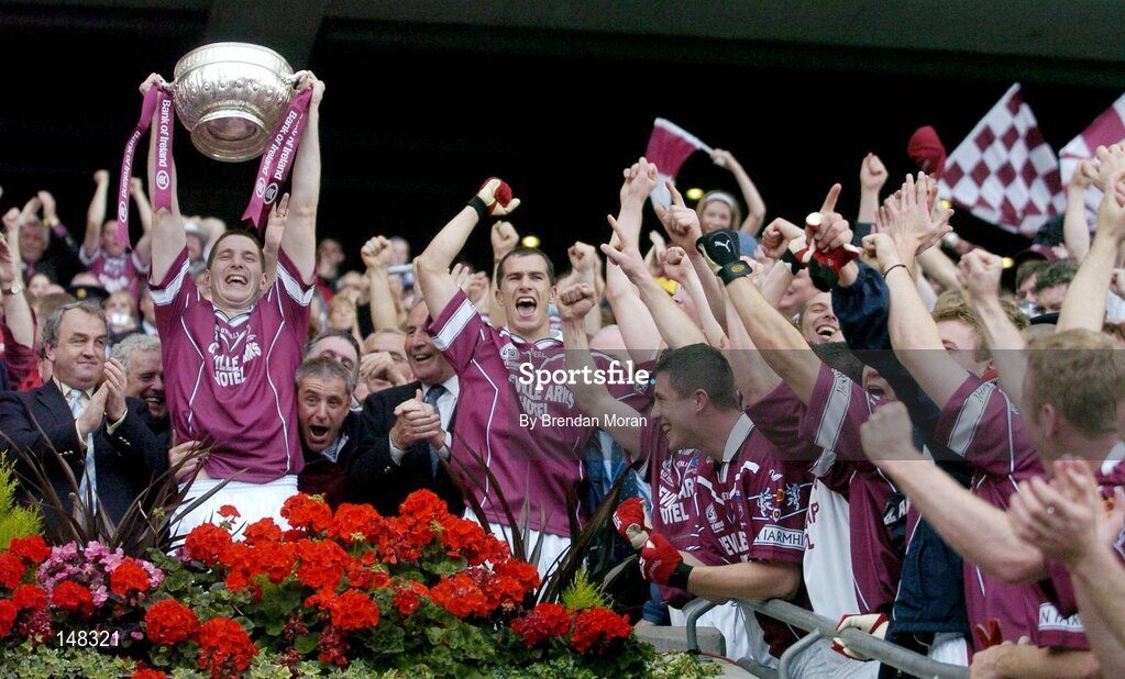 24 July 2004; Westmeath captain David O'Shaughnessy lifts the Leinster cup after victory over Laois. Bank of Ireland Leinster Senior Football Championship Final Replay, Westmeath v Laois, Croke Park, Dublin. Picture credit; Brendan Moran / SPORTSFILE