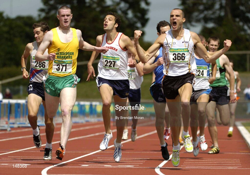 25 July 2004; James Nolan (366), UCD AC, celebrates his victory in the Men's 800m Final ahead of second placed Ciaran O'Connell (371) and third placed Thomas Chamney (227), Crusaders AC. AAI Senior Track and Field Championships, Morton Stadium, Santry, Dublin. Picture credit; Brendan Moran / SPORTSFILE