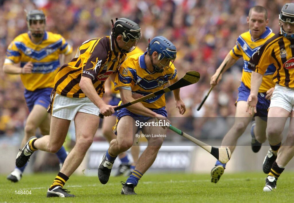 25 July 2004; Gerry O'Grady, Clare, in action against Eddie Brennan, Kilkenny. Guinness All-Ireland Senior Hurling Championship, Quarter Final, Clare v Kilkenny, Croke Park, Dublin. Picture credit; Brian Lawless / SPORTSFILE