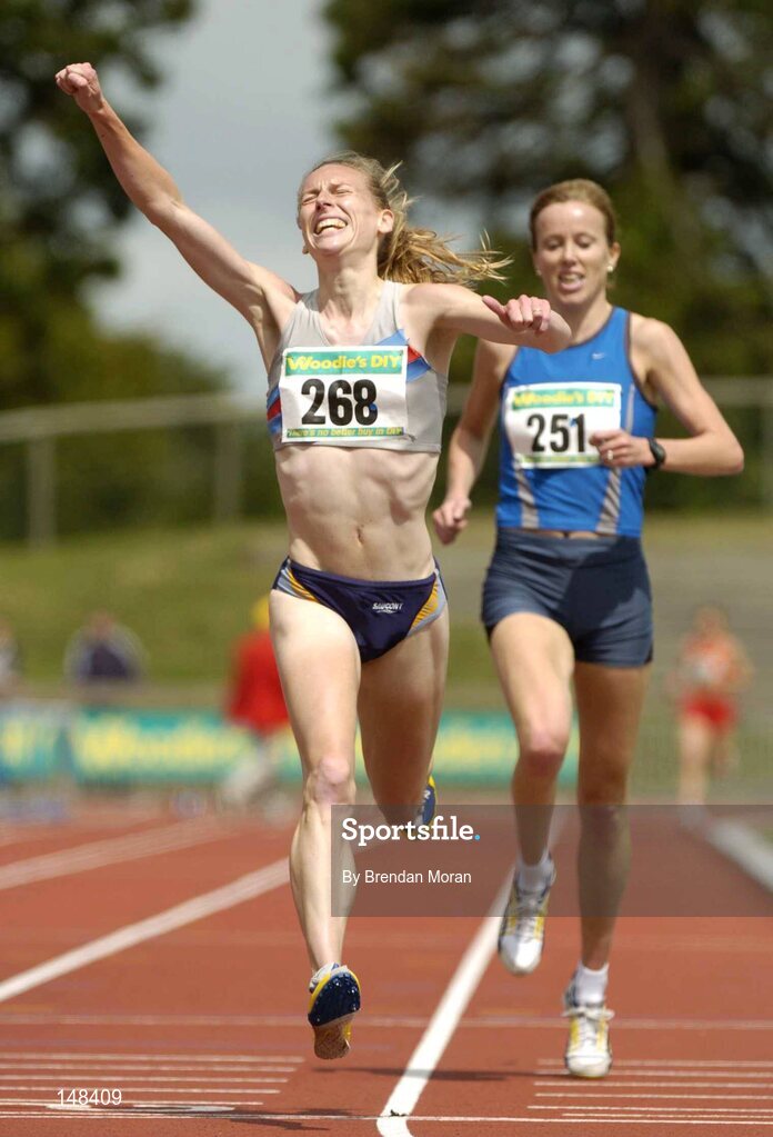 25 July 2004; Maria McCambridge, Dundrum South Dublin AC, celebrates her victory in the Women's 500m Final ahead of second placed Una English, Dublin City HArriers AC. AAI Senior Track and Field Championships, Morton Stadium, Santry, Dublin. Picture credit; Brendan Moran / SPORTSFILE