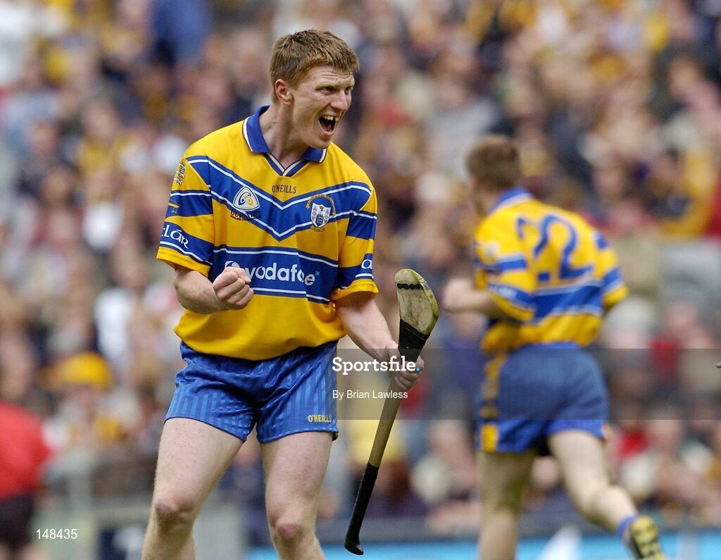 25 July 2004; Clare's Niall Gilligan celebrates after scoring a goal for his side. Guinness All-Ireland Senior Hurling Championship, Quarter Final, Clare v Kilkenny, Croke Park, Dublin. Picture credit; Brian Lawless / SPORTSFILE