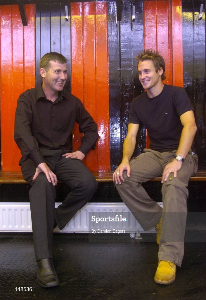 26 July 2004; Bohemians captain Kevin Hunt, right, in converstion with his manager Stephen Kenny ahead of their UEFA Cup Qualifying Round 2nd Leg against Levadia Tallinn, Dalymount Park. Dublin. Picture credit; Damien Eagers / SPORTSFILE