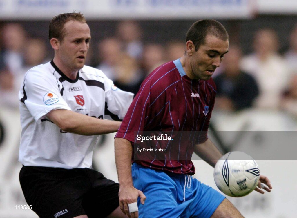 26 July 2004; Andy Myler, Drogheda United, in action against Andy Noonan, Dundalk. FAI Carlsberg Cup, Second Round Replay, Drogheda United v Dundalk, United Park, Drogheda, Co. Louth. Picture credit; David Maher / SPORTSFILE