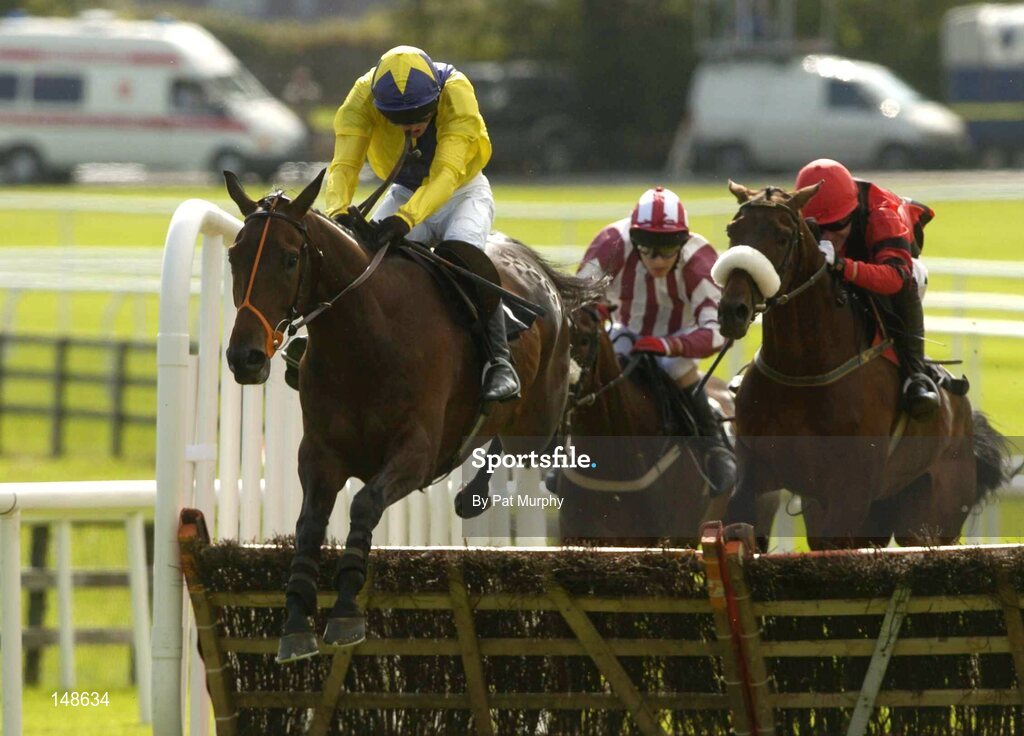 27 July 2004; The Posh Paddy, with Ruby Walsh up, clears the last ahead of second placed Laurel View with Tony McCoy up, right, on their way to winning the Albatros Feeds Maiden Hurdle. Galway Races, Ballybrit, Co. Galway. Picture credit; Pat Murphy / SPORTSFILE