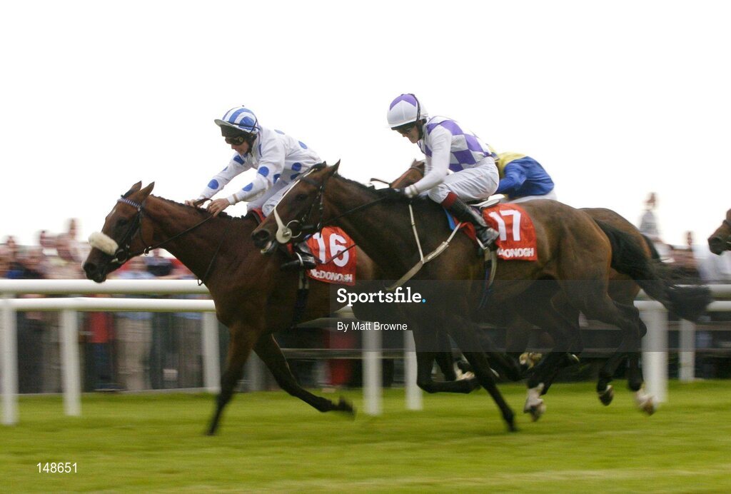 27 July 2004; Palace Star, 16, with Rory Cleary up, on the way to winning the McDonagh EBF Handicap from second place Amourallis, 17, with Padraig Beggy. Galway Races, Ballybrit, Co. Galway. Picture credit; Matt Browne / SPORTSFILE