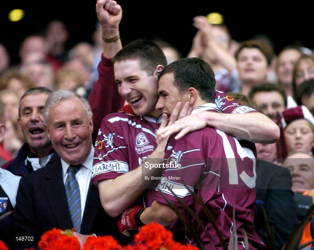 24 July 2004; Westmeath players David O'Shaughnessy and Dessie Dolan celebrate victory over Laois. Bank of Ireland Leinster Senior Football Championship Final Replay, Westmeath v Laois, Croke Park, Dublin. Picture credit; Brendan Moran / SPORTSFILE
