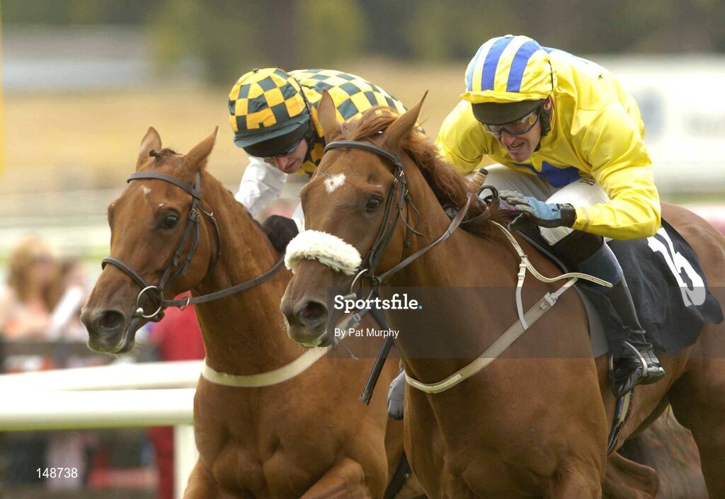 28 July 2004; Burren Moonshine, with Robert Power up, races past Allaboveboard with Tom Treacy up, left, on their way to winning the HP Imaging & Digital Printing Handicap Hurdle. Galway Races, Ballybrit, Co. Galway. Picture credit; Pat Murphy / SPORTSFILE