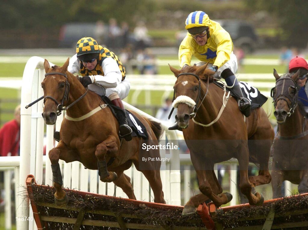 28 July 2004; Burren Moonshine, with Robert Power up, jumps the last with Allaboveboard with Tom Treacy up, left, on their way to winning the HP Imaging & Digital Printing Handicap Hurdle. Galway Races, Ballybrit, Co. Galway. Picture credit; Pat Murphy / SPORTSFILE