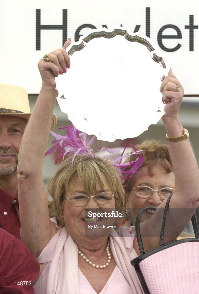 28 July 2004; Kay Devlin, owner of Ansar, calebrates with the Hewlett-Packard Galway Plate. Galway Races, Ballybrit, Co. Galway. Picture credit; Matt Browne / SPORTSFILE