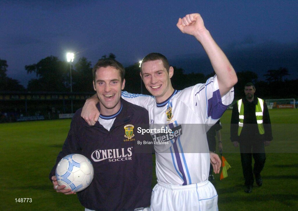 28 July 2004; Colm Kierans, left, and team-mate Alan McNally celebrate after victory over Cork City. FAI Cup Replay, UCD v Cork City, Belfield Park, UCD, Dublin. Picture credit; Brian Lawless / SPORTSFILE