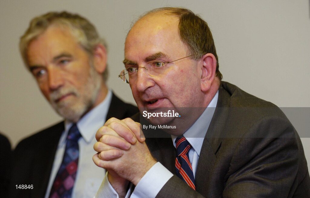 29 July 2004; David Mackey, Chairman, Croke Park Teoranta, right, and Seamus McAleere, McAleere and Rushe, at the announcement of an agreement between the GAA and Jurys Doyle Hotel Group plc for the development and lease of a new landmark 4-star hotel at Dublin's Croke Park, which will be located on Jones' Road, the hotel will be named Jurys Croke Park Hotel. Croke Park, Dublin. Picture credit; Ray McManus / SPORTSFILE
