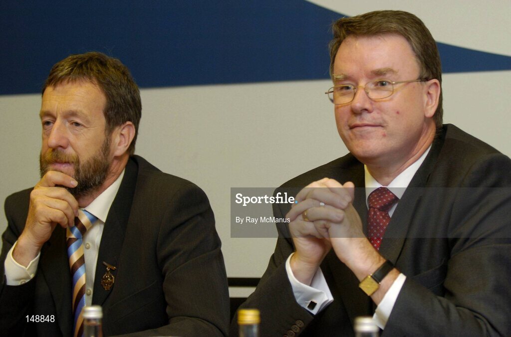 29 July 2004; Pat McCann, Chief Executive, Jurys Doyle Hotel Group plc, and President of the GAA Sean Kelly, left, at the announcement of an agreement between the GAA and Jurys Doyle Hotel Group plc for the development and lease of a new landmark 4-star hotel at Dublin's Croke Park, which will be located on Jones' Road, the hotel will be named Jurys Croke Park Hotel. Croke Park, Dublin. Picture credit; Ray McManus / SPORTSFILE