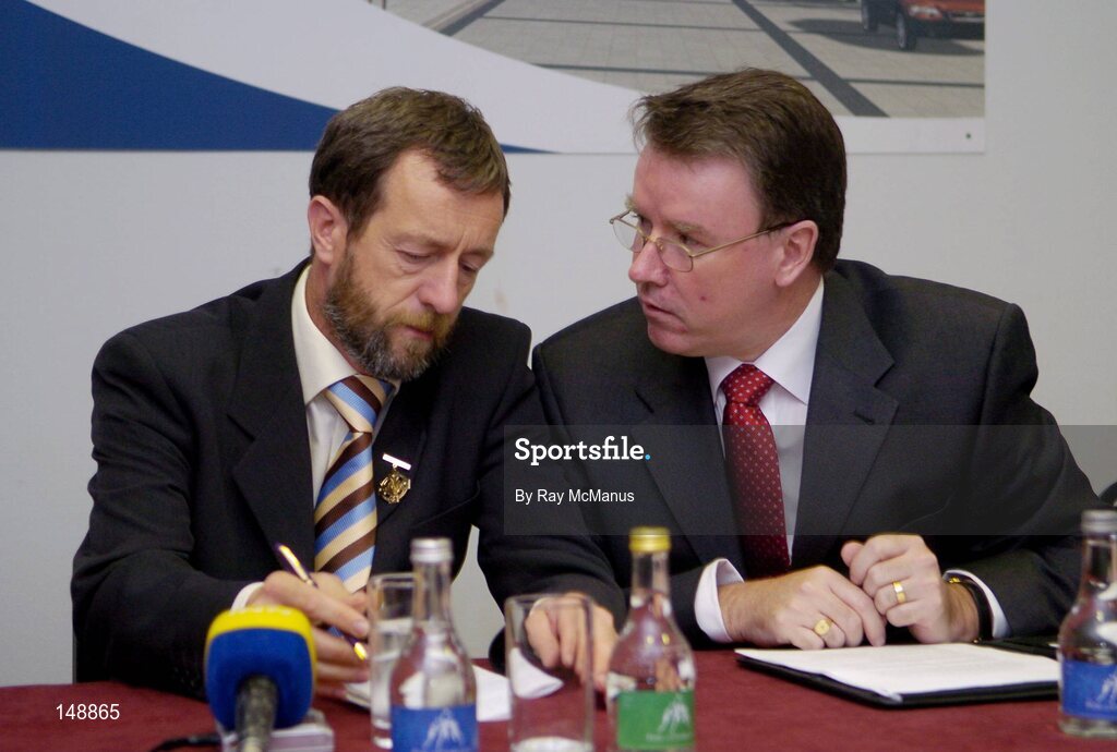 29 July 2004; Pat McCann, Chief Executive, Jurys Doyle Hotel Group plc, right, speaks to President of the GAA Sean Kelly at the announcement of an agreement between the GAA and Jurys Doyle Hotel Group plc for the development and lease of a new landmark 4-star hotel at Dublin's Croke Park, which will be located on Jones' Road, the hotel will be named Jurys Croke Park Hotel. Croke Park, Dublin. Picture credit; Ray McManus / SPORTSFILE