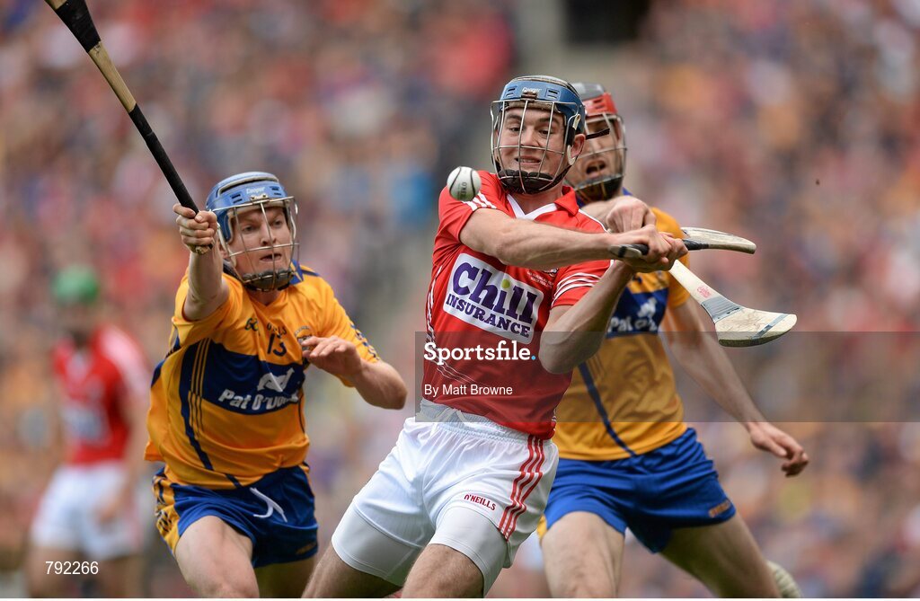 8 September 2013; Christopher Joyce, Cork, in action against Padraic Collins and Darach Honan, Clare. GAA Hurling All-Ireland Senior Championship Final, Cork v Clare, Croke Park, Dublin. Picture credit: Matt Browne / SPORTSFILE