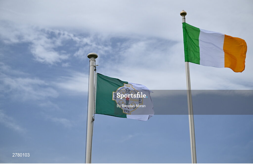 6 April 2024; A London GAA flag and an Irish tricolour fly in the wind before the Connacht GAA Football Senior Championship quarter-final match between London and Galway at McGovern Park in Ruislip, England. Photo by Brendan Moran/Sportsfile