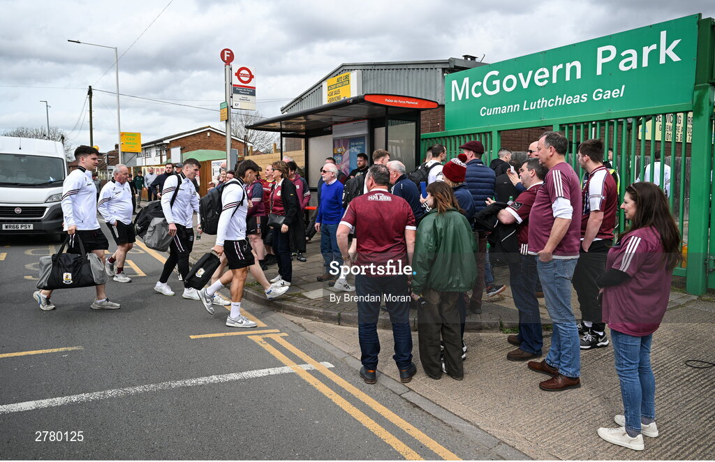 6 April 2024; The Galway team arrive before the Connacht GAA Football Senior Championship quarter-final match between London and Galway at McGovern Park in Ruislip, England. Photo by Brendan Moran/Sportsfile