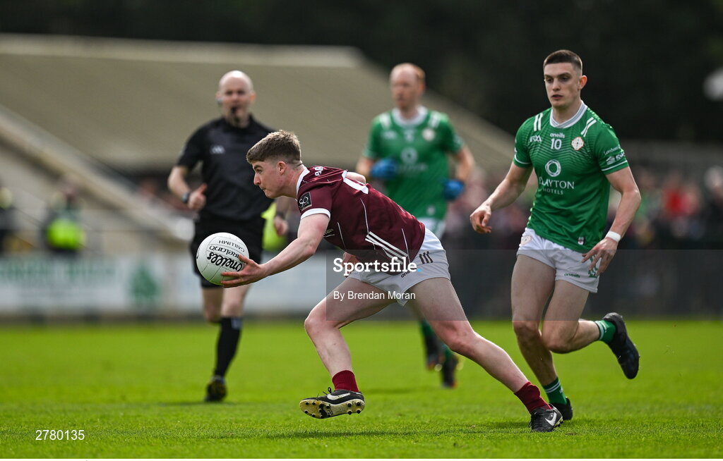 6 April 2024; Liam Ó Conghaile of Galway in action against DJ O'Flaherty of London during the Connacht GAA Football Senior Championship quarter-final match between London and Galway at McGovern Park in Ruislip, England. Photo by Brendan Moran/Sportsfile
