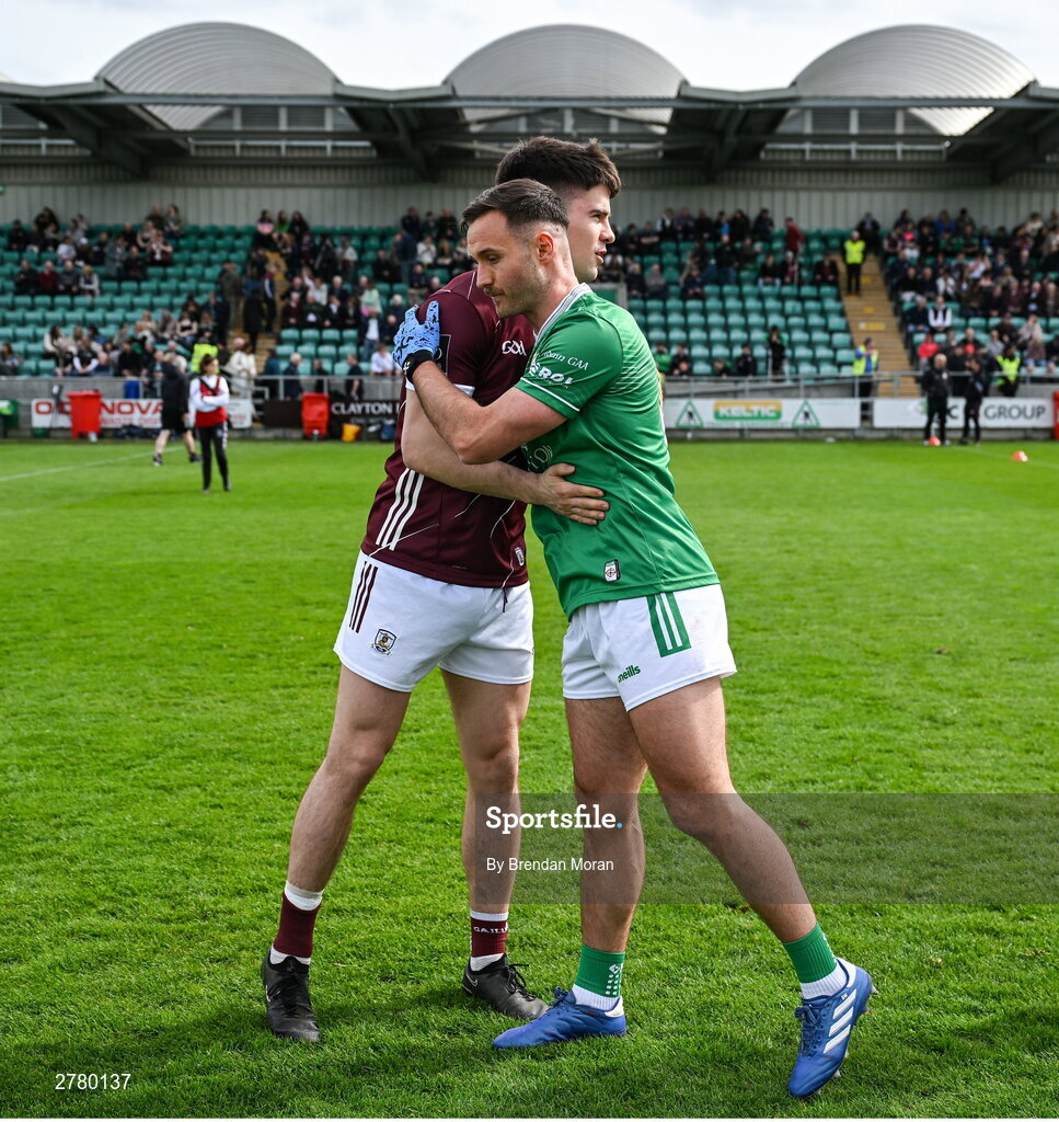 6 April 2024; Captains Eoin Walsh of London, left, and Sean Kelly of Galway before before the Connacht GAA Football Senior Championship quarter-final match between London and Galway at McGovern Park in Ruislip, England. Photo by Brendan Moran/Sportsfile