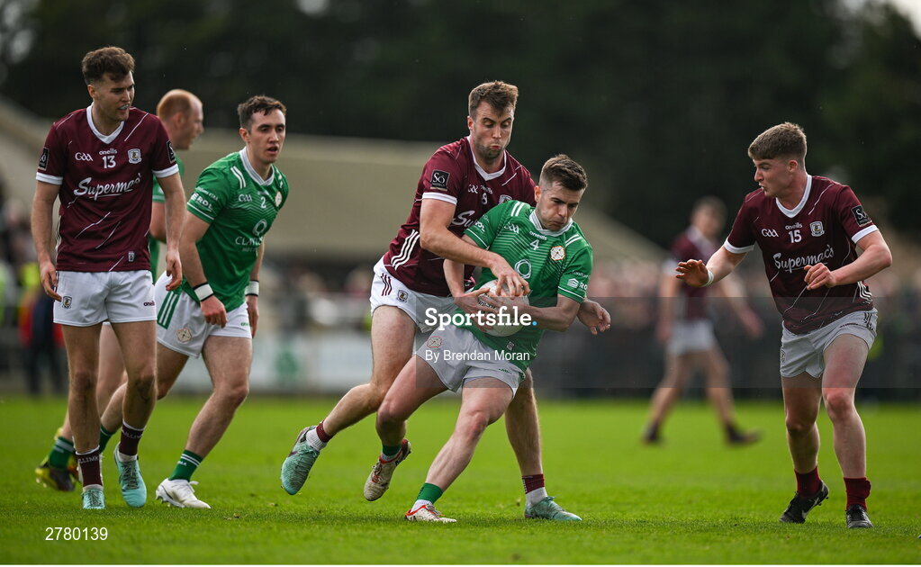 6 April 2024; Fiontan Eastwood of London is tackled by Paul Conroy of Galway during the Connacht GAA Football Senior Championship quarter-final match between London and Galway at McGovern Park in Ruislip, England. Photo by Brendan Moran/Sportsfile