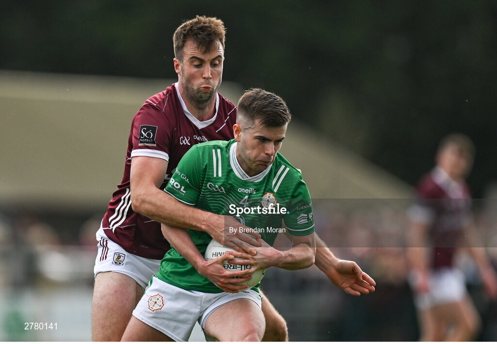 6 April 2024; Fiontan Eastwood of London is tackled by Paul Conroy of Galway during the Connacht GAA Football Senior Championship quarter-final match between London and Galway at McGovern Park in Ruislip, England. Photo by Brendan Moran/Sportsfile