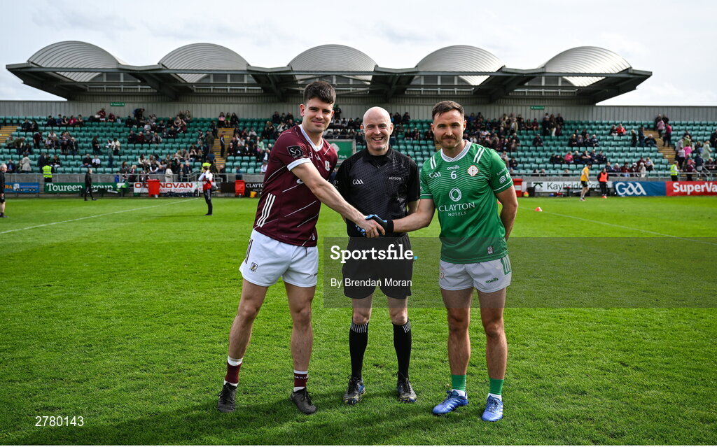6 April 2024; Captains Sean Kelly of Galway, left, and Eoin Walsh of London, shake hands in the company of referee Liam Devenney, before the Connacht GAA Football Senior Championship quarter-final match between London and Galway at McGovern Park in Ruislip, England. Photo by Brendan Moran/Sportsfile