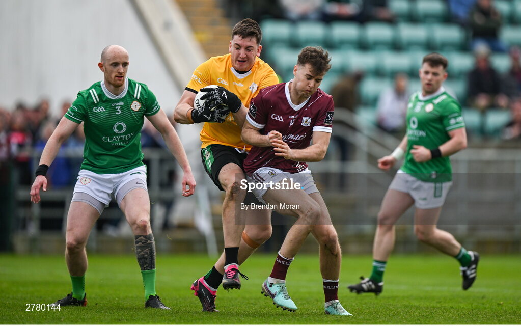 6 April 2024; London goalkeeper Michael Lynch is tackled by Robert Finnerty of Galway during the Connacht GAA Football Senior Championship quarter-final match between London and Galway at McGovern Park in Ruislip, England. Photo by Brendan Moran/Sportsfile