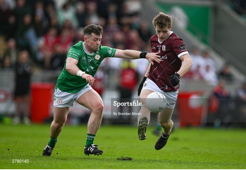 6 April 2024; Johnny McGrath of Galway in action against Nathan McElwaine of London during the Connacht GAA Football Senior Championship quarter-final match between London and Galway at McGovern Park in Ruislip, England. Photo by Brendan Moran/Sportsfile