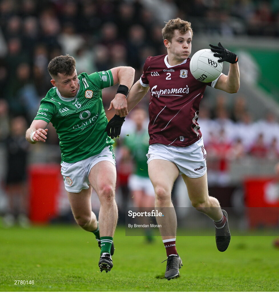 6 April 2024; Johnny McGrath of Galway in action against Nathan McElwaine of London during the Connacht GAA Football Senior Championship quarter-final match between London and Galway at McGovern Park in Ruislip, England. Photo by Brendan Moran/Sportsfile