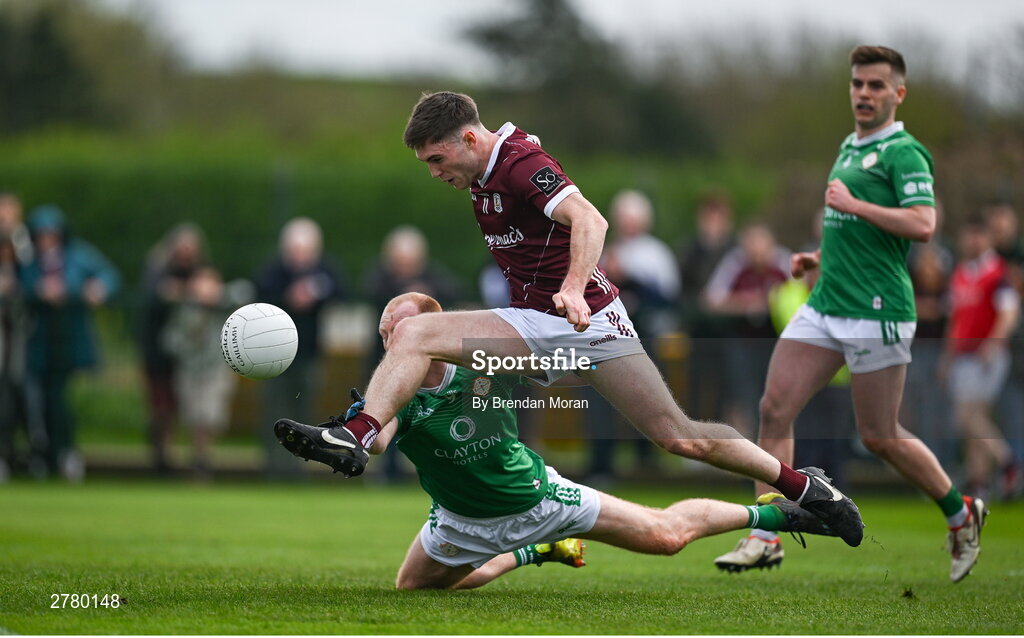 6 April 2024; Cathal Sweeney of Galway scores his side's first goal despite the efforts of Stephen Dornan of London during the Connacht GAA Football Senior Championship quarter-final match between London and Galway at McGovern Park in Ruislip, England. Photo by Brendan Moran/Sportsfile