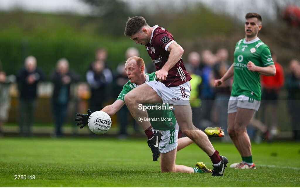 6 April 2024; Cathal Sweeney of Galway scores his side's first goal despite the efforts of Stephen Dornan of London during the Connacht GAA Football Senior Championship quarter-final match between London and Galway at McGovern Park in Ruislip, England. Photo by Brendan Moran/Sportsfile