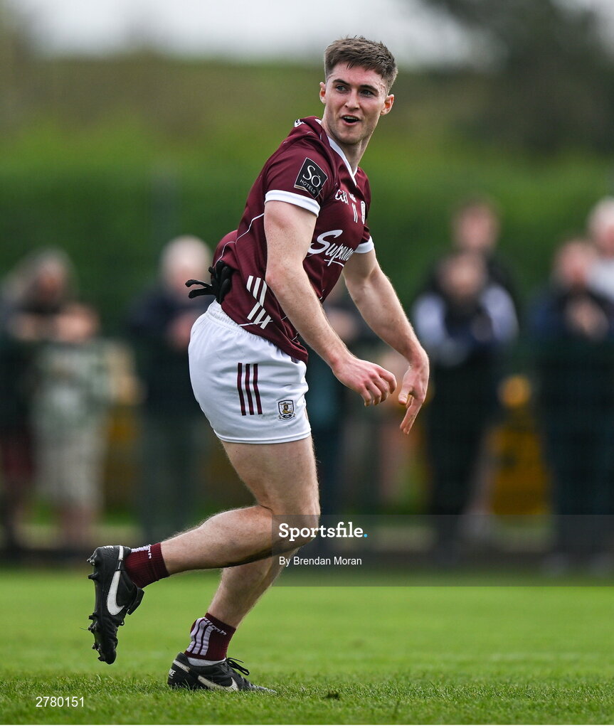 6 April 2024; Cathal Sweeney of Galway reacts after scoring his side's first goal during the Connacht GAA Football Senior Championship quarter-final match between London and Galway at McGovern Park in Ruislip, England. Photo by Brendan Moran/Sportsfile