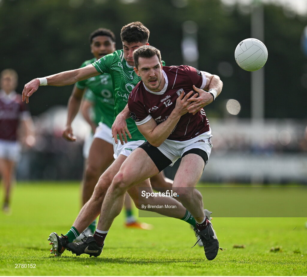 6 April 2024; Cein Darcy of Galway is tackled by Oran Kerr of London during the Connacht GAA Football Senior Championship quarter-final match between London and Galway at McGovern Park in Ruislip, England. Photo by Brendan Moran/Sportsfile