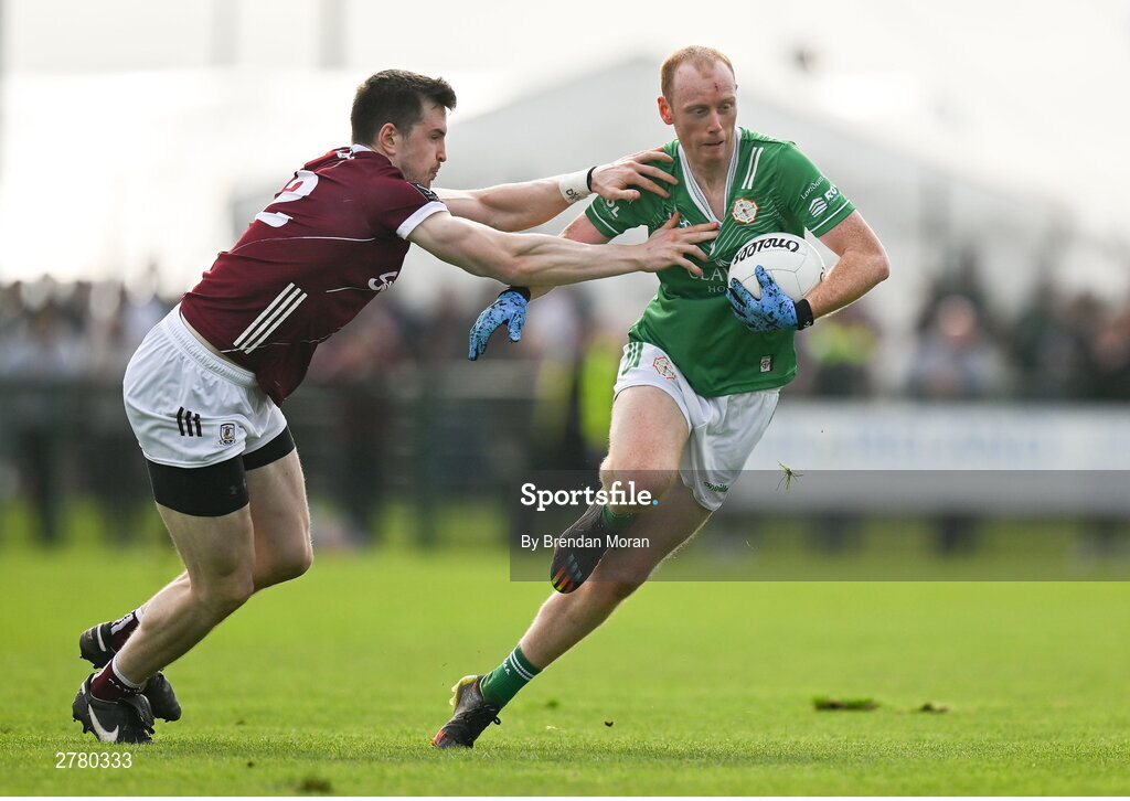 6 April 2024; Stephen Dornan of London is tackled by Cein Darcy of Galway during the Connacht GAA Football Senior Championship quarter-final match between London and Galway at McGovern Park in Ruislip, England. Photo by Brendan Moran/Sportsfile