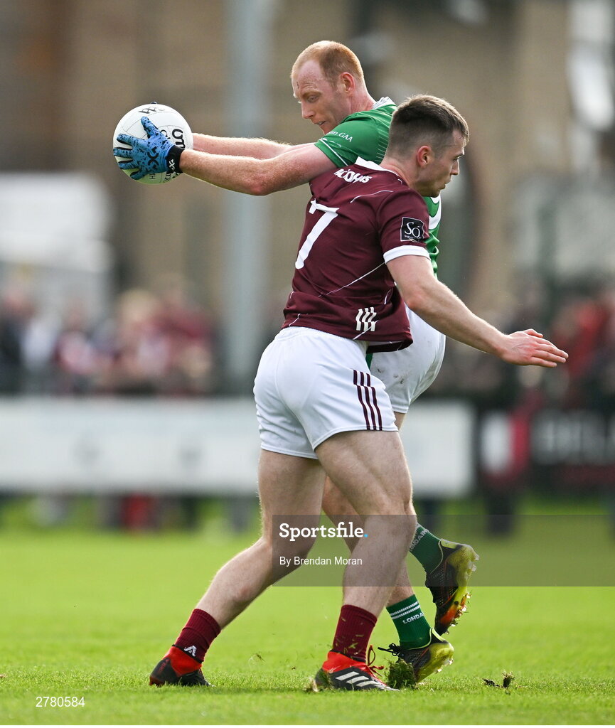 6 April 2024; Stephen Dornan of London is tackled by Liam Silke of Galway during the Connacht GAA Football Senior Championship quarter-final match between London and Galway at McGovern Park in Ruislip, England. Photo by Brendan Moran/Sportsfile