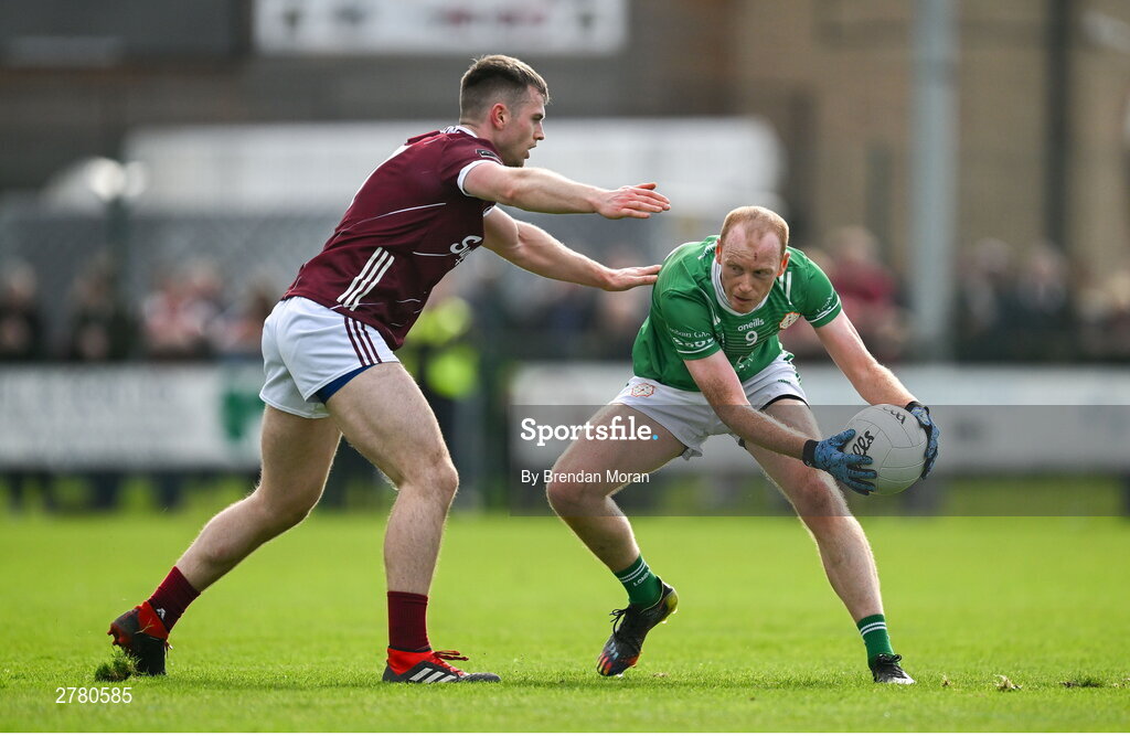 6 April 2024; Stephen Dornan of London is tackled by Liam Silke of Galway during the Connacht GAA Football Senior Championship quarter-final match between London and Galway at McGovern Park in Ruislip, England. Photo by Brendan Moran/Sportsfile