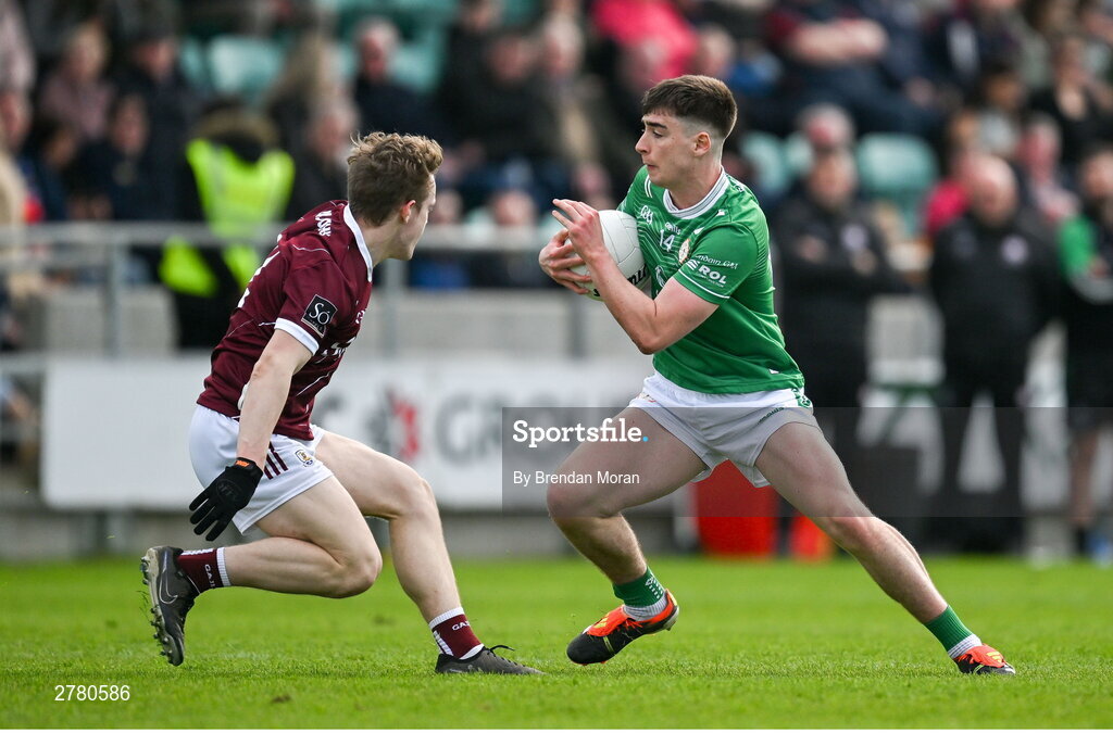 6 April 2024; Shay Rafter of London in action against Johnny McGrath of Galway during the Connacht GAA Football Senior Championship quarter-final match between London and Galway at McGovern Park in Ruislip, England. Photo by Brendan Moran/Sportsfile