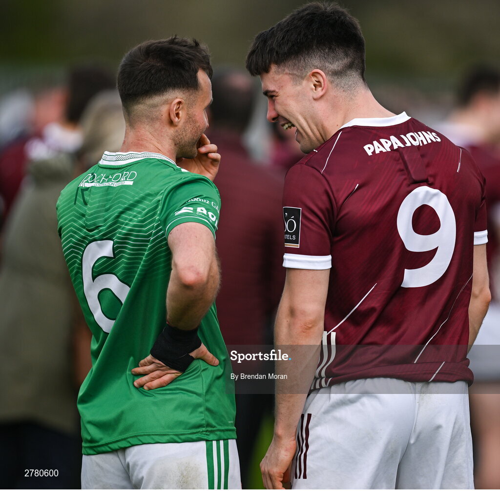 6 April 2024; Team captains Eoin Walsh of London, left, and Sean Kelly of Galway, both from Moycullen in Galway, speak after the Connacht GAA Football Senior Championship quarter-final match between London and Galway at McGovern Park in Ruislip, England. Photo by Brendan Moran/Sportsfile