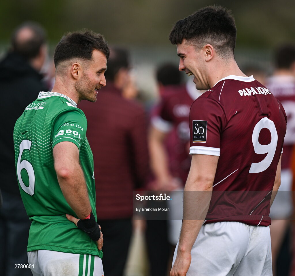 6 April 2024; Team captains Eoin Walsh of London, left, and Sean Kelly of Galway, both from Moycullen in Galway, speak after the Connacht GAA Football Senior Championship quarter-final match between London and Galway at McGovern Park in Ruislip, England. Photo by Brendan Moran/Sportsfile
