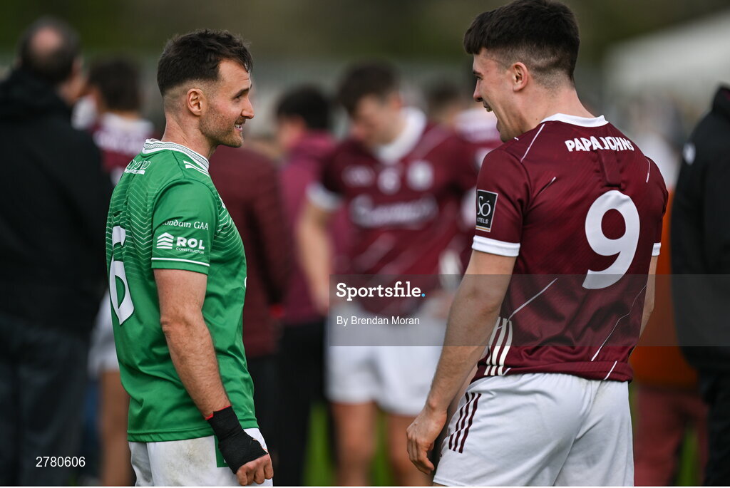 6 April 2024; Team captains Eoin Walsh of London, left, and Sean Kelly of Galway, both from Moycullen in Galway, speak after the Connacht GAA Football Senior Championship quarter-final match between London and Galway at McGovern Park in Ruislip, England. Photo by Brendan Moran/Sportsfile