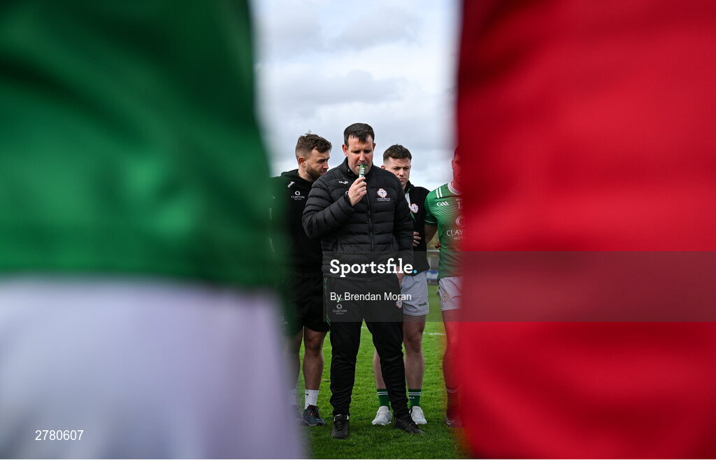 6 April 2024; London manager Michael Maher addresses his players after the Connacht GAA Football Senior Championship quarter-final match between London and Galway at McGovern Park in Ruislip, England. Photo by Brendan Moran/Sportsfile