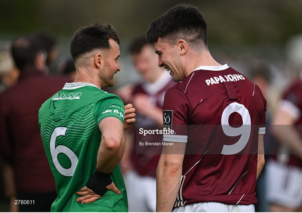 6 April 2024; Team captains Eoin Walsh of London, left, and Sean Kelly of Galway, both from Moycullen in Galway, speak after the Connacht GAA Football Senior Championship quarter-final match between London and Galway at McGovern Park in Ruislip, England. Photo by Brendan Moran/Sportsfile