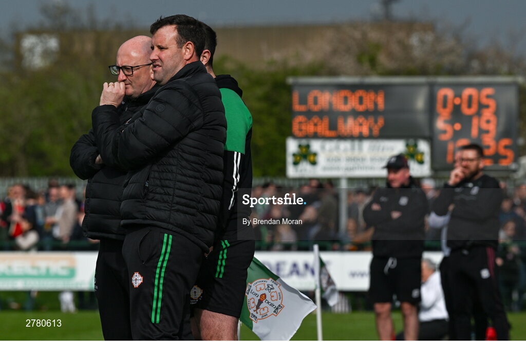 6 April 2024; London manager Michael Maher and selector John Doyle, left, look on during the Connacht GAA Football Senior Championship quarter-final match between London and Galway at McGovern Park in Ruislip, England. Photo by Brendan Moran/Sportsfile