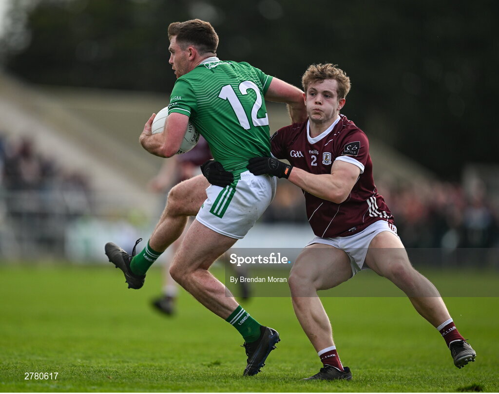 6 April 2024; Ciaran Diver of London is tackled by Johnny McGrath of Galway during the Connacht GAA Football Senior Championship quarter-final match between London and Galway at McGovern Park in Ruislip, England. Photo by Brendan Moran/Sportsfile