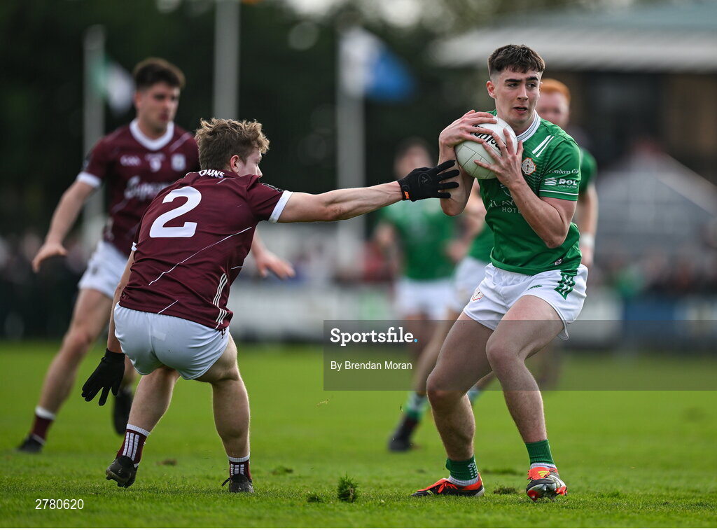 6 April 2024; Shay Rafter of London in action against Johnny McGrath of Galway during the Connacht GAA Football Senior Championship quarter-final match between London and Galway at McGovern Park in Ruislip, England. Photo by Brendan Moran/Sportsfile