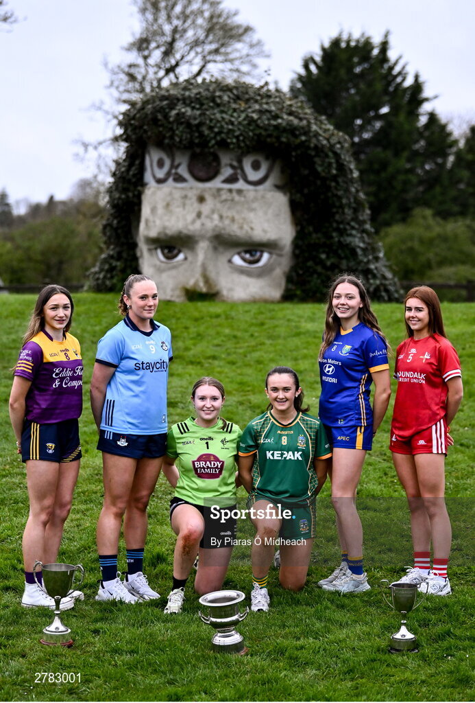 9 April 2024; Players, from left, Beibhinn McDonald of Wexford and Líadan Murphy of Dublin, Minor B finalists, Sophie Knightly of Kildare and Kerrie Cole of Meath, Minor A finalists, and Minor C semi-finalist Leila Shannon of Wicklow and Minor C finalist Brígh McEnteggart of Louth at the Leinster LGFA Minor Captains’ evening at Dún na Sí Park in Moate, Westmeath, ahead of the upcoming 2024 Minor Championship Finals. Photo by Piaras Ó Mídheach/Sportsfile